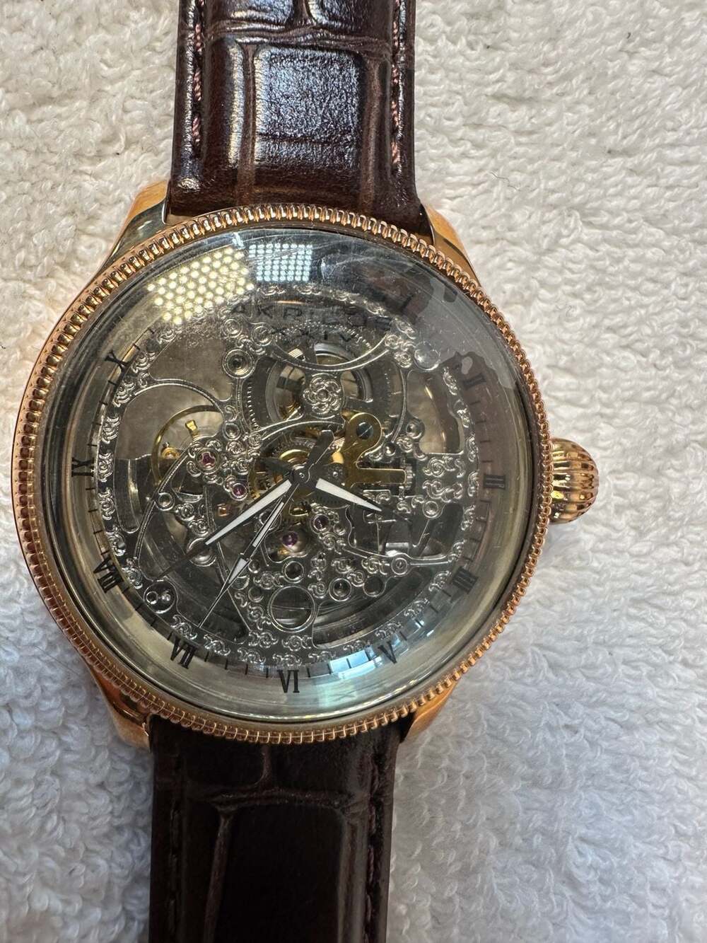Akribos XXIV AK455RG Rose Gold Skeleton Automatic Leather Men's Watch